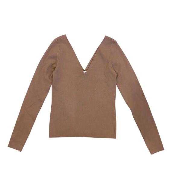 Aritzia Wilfred Double V-Neck Wool Ribbed Sweater Tan/Beige Womens Large Fitted - Picture 1 of 5